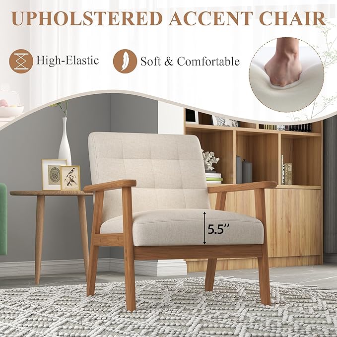 Westice Accent Chair Set of 2 Mid-Century Modern Living Room Chairs with Solid Wood Frame &amp Soft Thicken Cushion Upholstered Arm Reading Chair for Bedroom Balcony Beige Linen Fabric &amp Natu