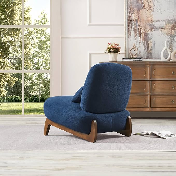 Modern Armless Accent Chair Cozy Comfy Upholstered Cloud Lounge Boucle Chairs with Wood Legs &amp Pillow Comfortable Reading Sofa Chair for Living Room Bedroom Apartment Balcony Blue