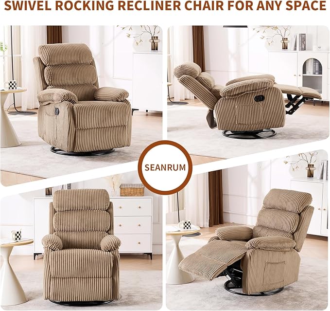 Velvet Upholstered Glider Recliner Chair – 360° Swivel Rocker Chair for Adults Small Rocking Chair for Small Spaces Soft Fabric Recliner Chair with Side Pockets Comfortable Nursery ChairBrwon