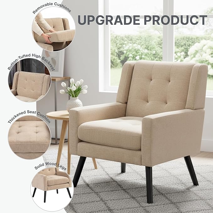 Mid-Century Modern Accent Chair Plush Linen Fabric with Button Tufted High Back &amp 5 Thick Cushion High Comfort Reading Chair for Living Room Bedroom Office (Beige)