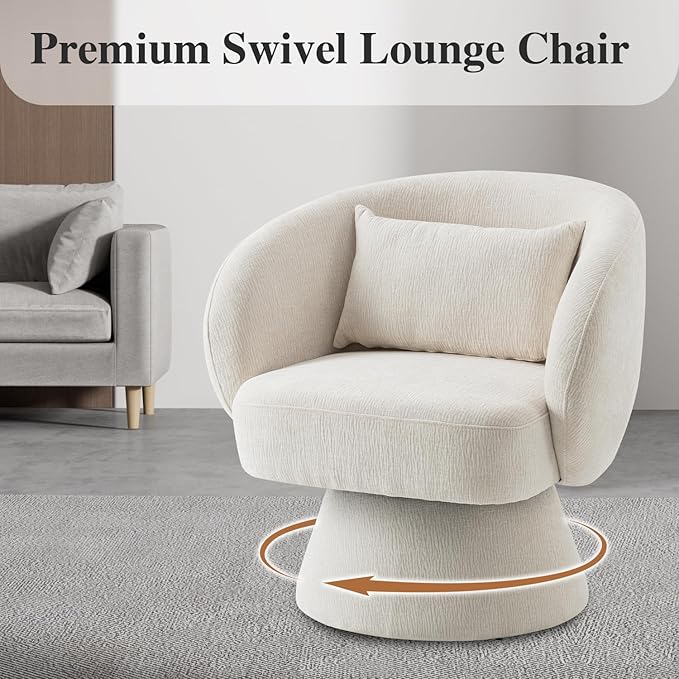 360° Swivel Accent Chair Modern Velvet Barrel Chair with Pillow Upholstered Single Sofa for Living Room Bedroom Office Ivory