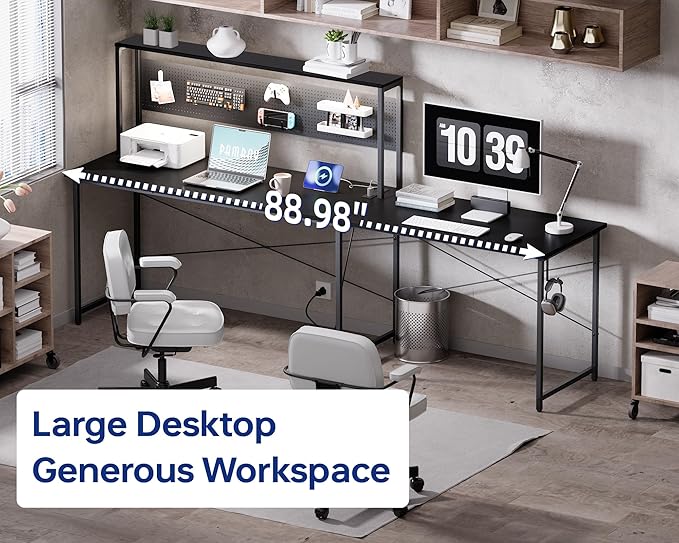 Pamray 60 Inch L Shaped Gaming Desk with LED Lights and Power Outlets Reversible Corner Computer Desk with Pegboard Storage Shelves Home Office Table for Work Study White