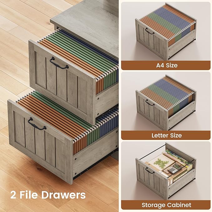 SEDETA 63 L Shaped Desk with Drawers Farmhouse Corner Computer Desk Wood Office Desk with File Drawers with Storage Executive Desk with Monitor Stand and Storage Cabinet Grey