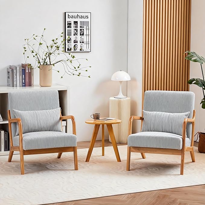 Mid Century Modern Accent Chairs Set of 2 Upholstered Corduroy Armchairs with Lumbar Pillows Solid Rubberwood Frame for Living Room Bedroom Waiting Room Light Grey