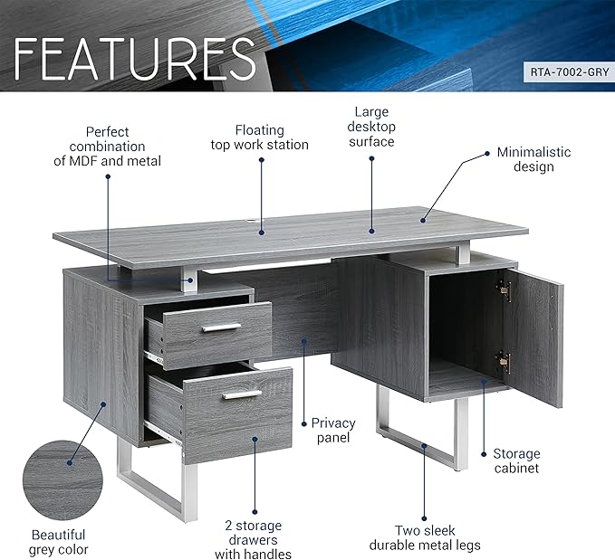 Techni Mobili Modern Office Desk with Storage Gray