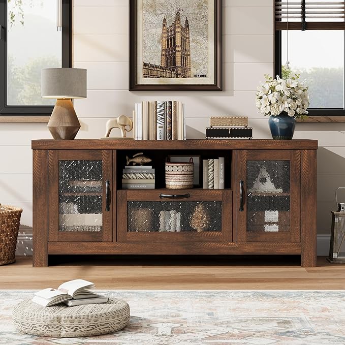 IDEALHOUSE TV Stand for 65 Inch TV Farmhouse Entertainment Center with Acrylic Door Storage Cabinet &amp Adjustable Shelves Rustic TV Console Table for Living Room Bedroom Brown
