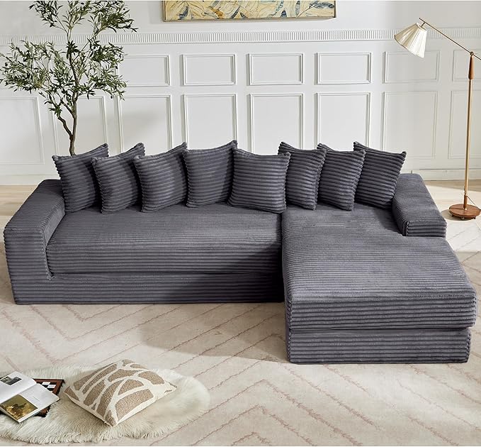 L Shaped Modular Cloud Couch with 8 Pillows Modern Corduroy Boneless Sectional Sofa with Large Chaise for Living Room Office Studio Flat Right Facing Chaise Compressed Sofa (Dark Grey)