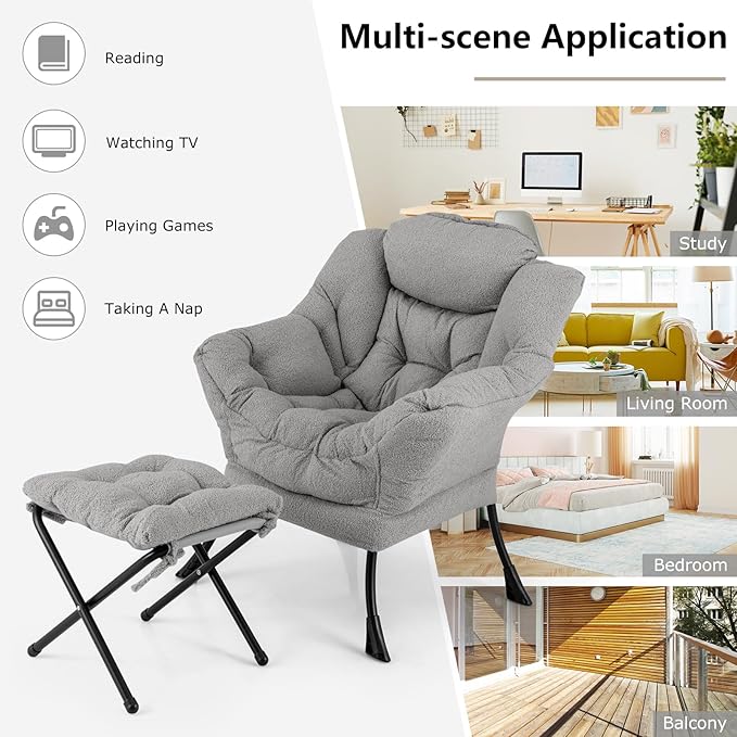 Giantex Set of 2 Lazy Chair with Folding Ottoman Modern Sherpa Accent Chair w/Armrests &amp Pocket Upholstered Single Sofa Chair Set Leisure Reading Lounge Chair for Living Room Bedroom (Grey)