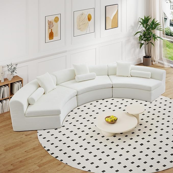 AVZEAR Curved Modular Sectional Sofa Chenille Upholstered Cloud 3 Seater Couch for Living Room No Assembly Modern Love Seat Sofa with 3 Bolster Pillows &amp 3 Square Pillows High-Density Foam Whi