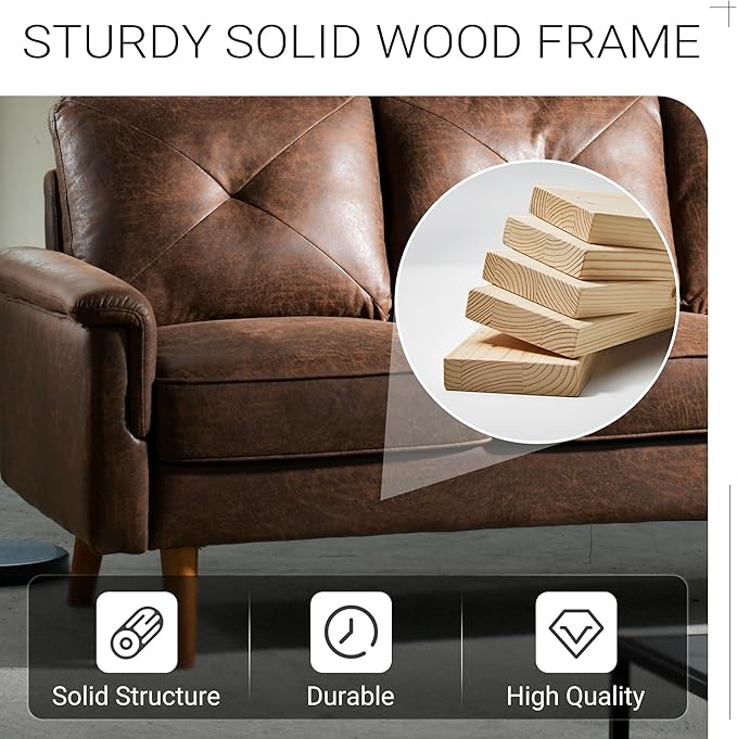 HOOOWOOO 72 Faux Leather Couch Small Sofa Living Room Couch 3 Seater Sofa Modern with Button Tufted Back Cushioned Square Arm for Small Bedroom ApartmentDark Brown