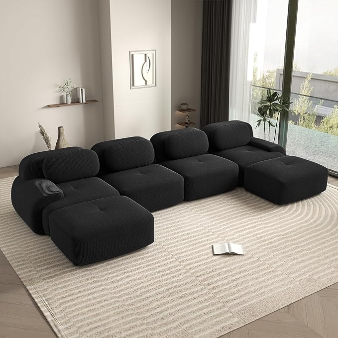 152 Modern Boneless Couches for Living Room Corduroy Cloud Couch Sectional Black Modular Sectional Sofa 4 Seater with 2 Ottoman Sofas para Sala U Shaped Couch (Black 4+2 Set)