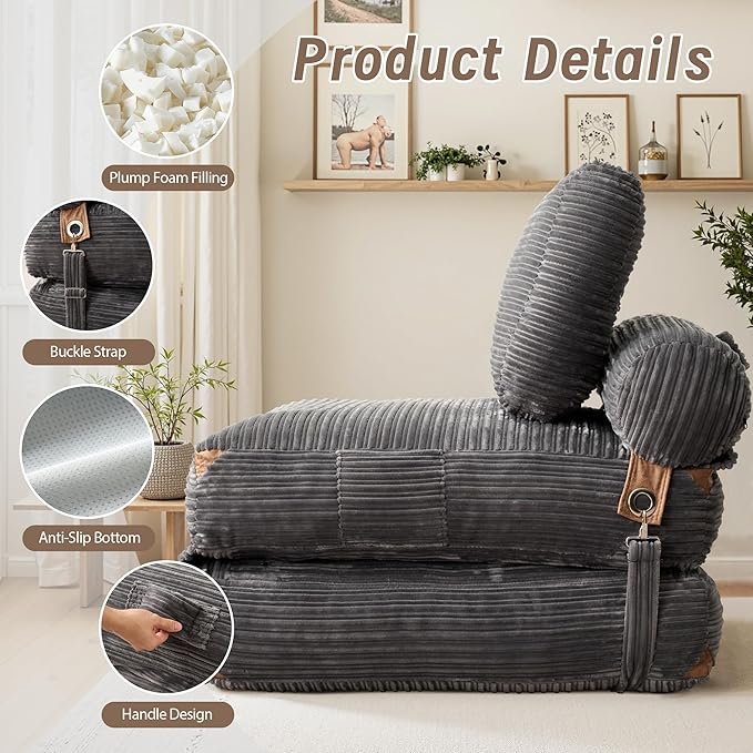 Folding Sofa Bed Convertible Sleeper Chair with Pillow Foldable Mattress Lounge Chair for Living Room Bedroom Portable Guest Bed Dark Grey