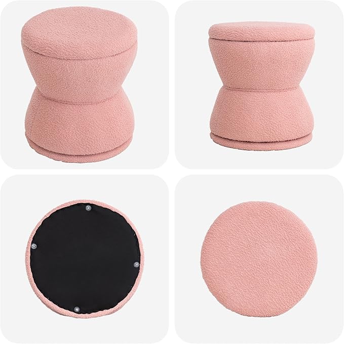DHMAKER Round Storage Ottoman Swivel Teddy Vanity Stool ChiarModern Sherpa Footstool Makeup Chair Upholstered Footrest for Living Room Bedroom EntrywayPink