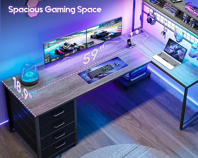AODK L Shaped Gaming Desk with Hutch 59 Computer Desk with 4 Drawers &amp Storage Shelves Reversible Corner Desk with LED Light &amp Power Outlets Gamer Table for for Home Office Gray Oak