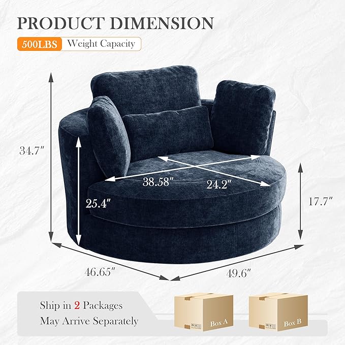 Aoiy &amp Wifon 50'' W Oversized Swivel Barrel Chair Navy Swivel Accent Chair for Living Room Round Oversized Arm Chair with 4 Pillows Deep Seat &amp Extra Wide Chenille