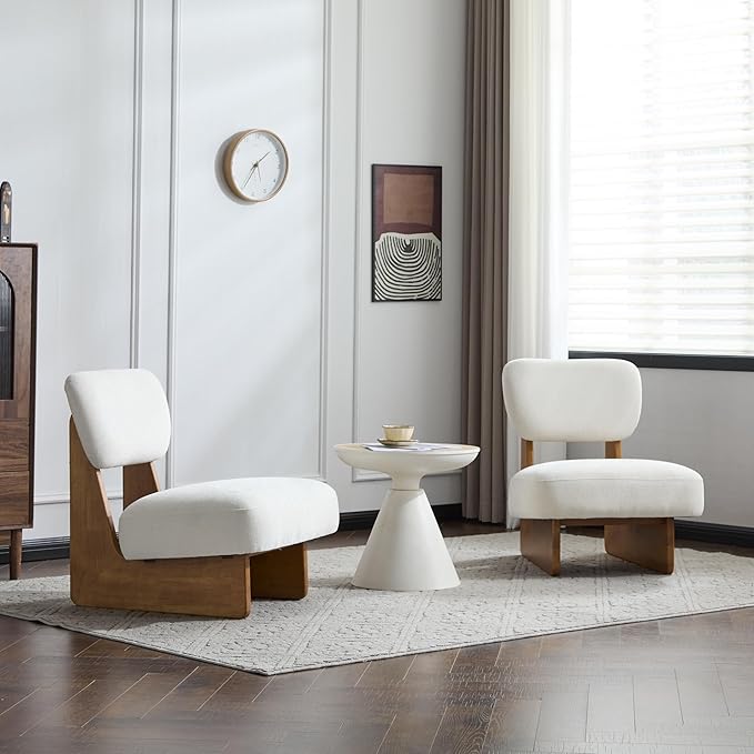 GDFStudio Upholstered Armless Accent Chairs Set of 2 Modern Side Chair Minimalist Leisure Chair with Backrest Beige Cusion for Living Room Bedroom Reading Room Natural Slid Wood Base