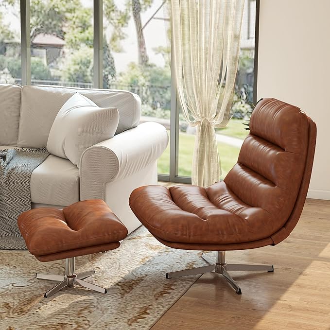 Modern Swivel Accent Chairs with Ottoman Set of 2 PU Leather Oversized Armless Reading Chairs with Footrest 33'' Wide Upholstered Lounge Chairs with Footstool for Living Room Bedroom Comfy Brown
