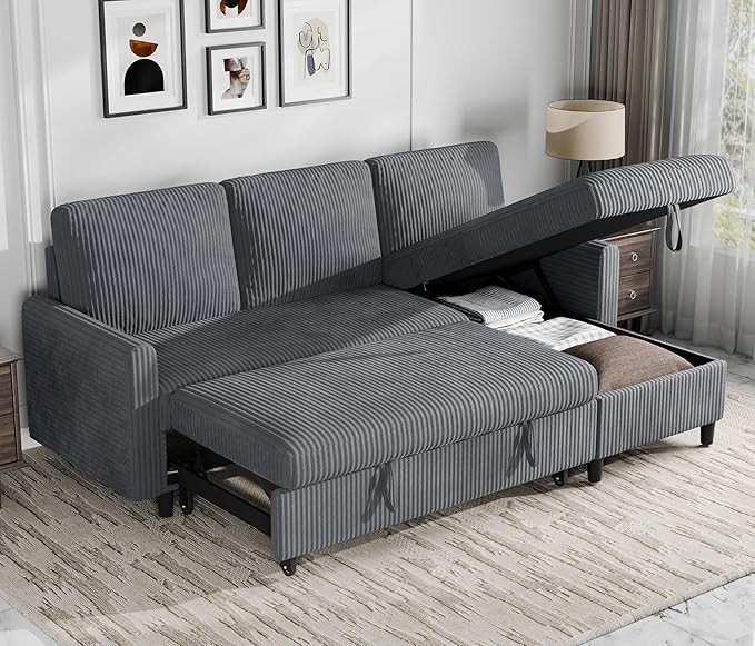 Walsunny Sectional Sofa Couch L Shaped Sleeper Sofa Bed Pull Out Bed with Storage Reversible Sectional Couches for Living Room Apartment Office(Dark Gray)