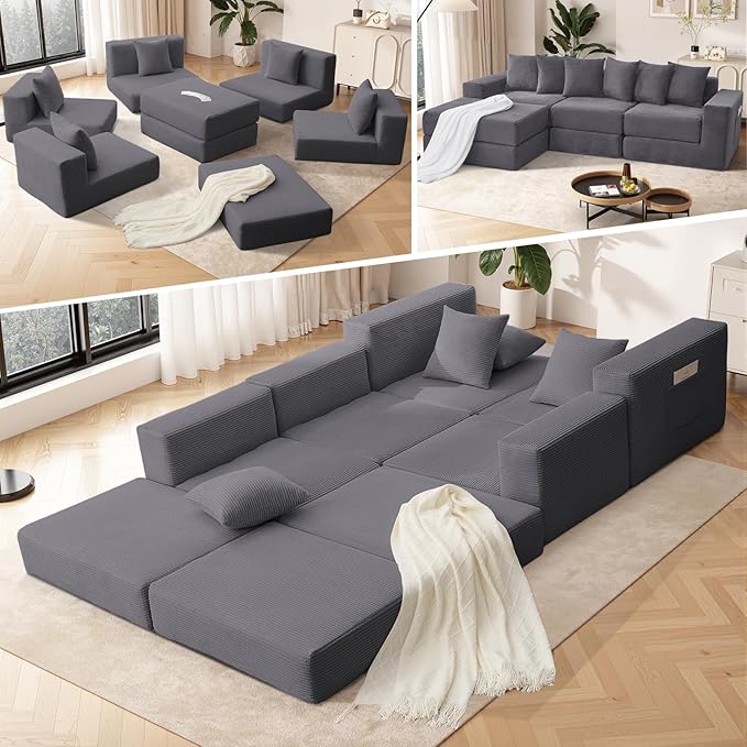 102 Upgraded L-shaped Modular Sectional Couches for Living Room Convertible Oversized Sleeper Sofa Bed-Luxury 1.5 Queen Bed. 11-in-1 Multifunctional Corduroy Boneless Folding Futon Couch Grey.