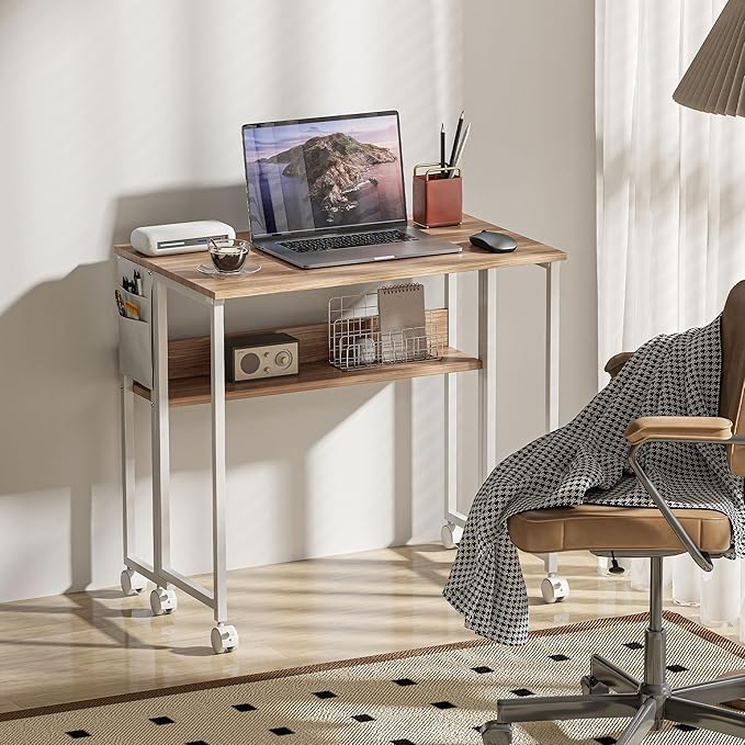 HOMCOM Small Folding Desk Rolling Computer Desk Foldable with Storage Bag and Shelf 31.5 Portable Writing Table on Wheels for Small Spaces Home Office Study Easy Assembly Natural Wood