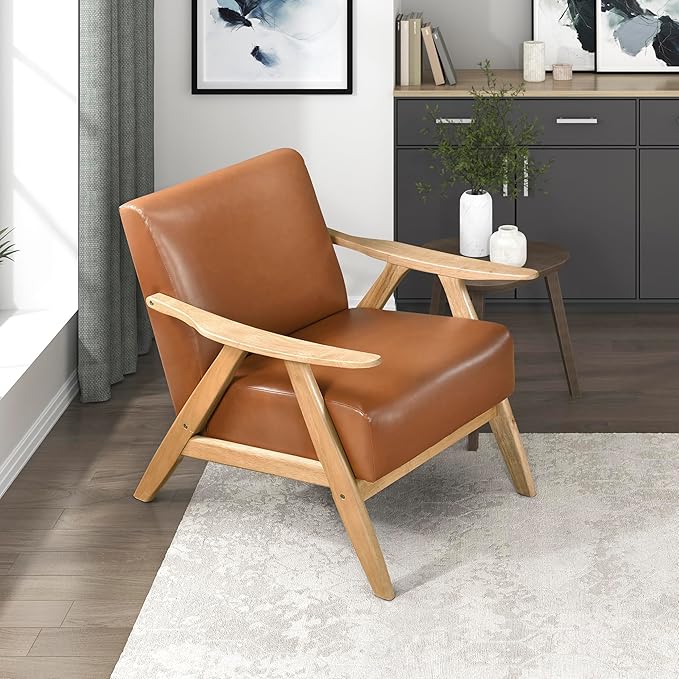 Lexicon Mid Century Modern Accent Chair with Solid Wood Frame in Natural Finish Faux Leather Living Room Lounge Arm Chair Thick and Comfy Innerspring Seat Cushion Brown