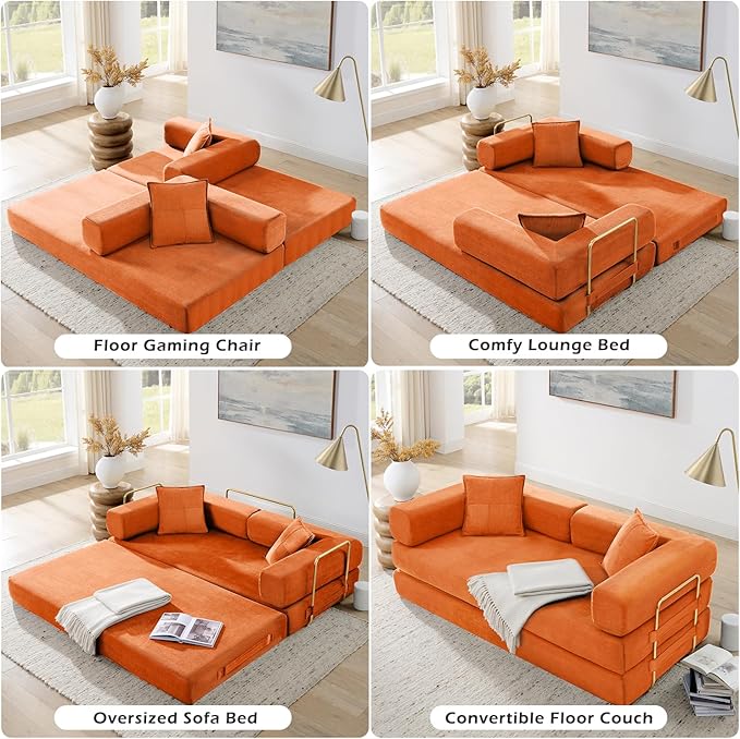76 Convertible Foldable Sofa Bed Boneless Sleeper Sofa Couch with 2/Pillows Teddy Fabric 2-in-1 Comfy Floor &amp Futon Loveseat Floor Mattress Sleeper for Living Room No Assembly Required
