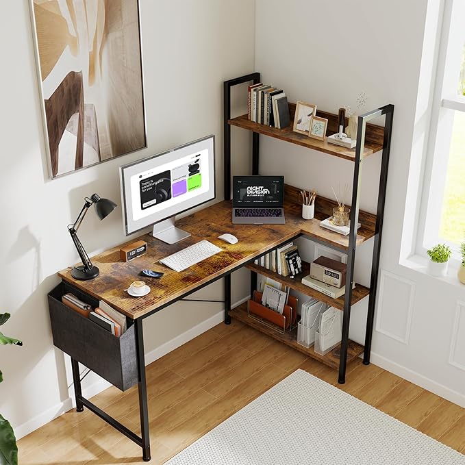 DUMOS L Shaped Desk Corner Computer Table 47 Inch L-Shaped Gaming Desks with Storage Shelf Reversible Wood Tables with Side Bag Adjustable Feet for 2 Monitors Small Space Home Office Bedroom Brown