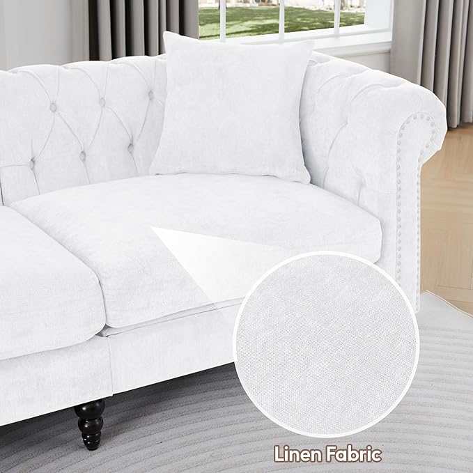 ORRD U Shaped Chesterfield Sofa Oversized Sectional Linen Couch Chaise Ottoman Sofa Upholstered Accent Tufted Couch with Rolled Armrest and Nailhead Design for Living Room Office - White