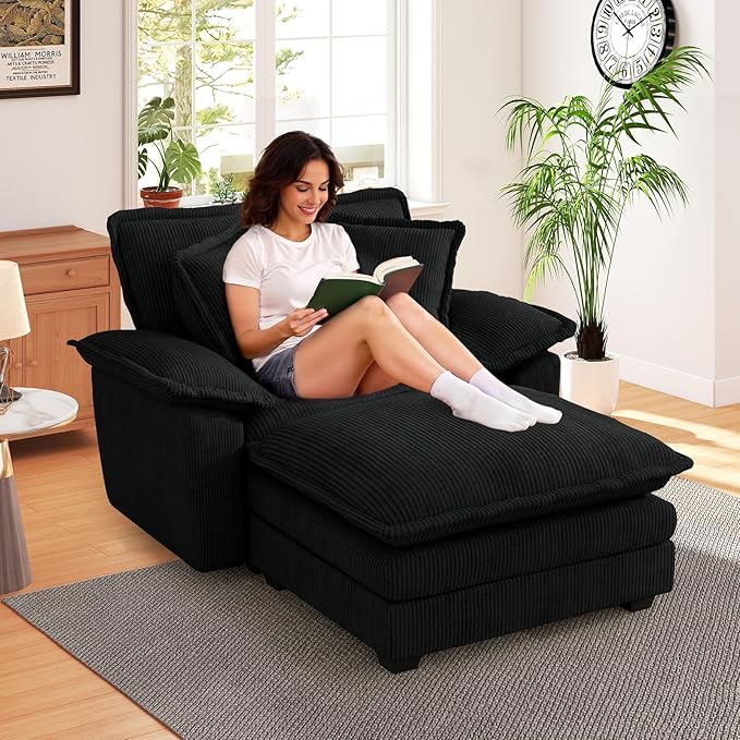48 W Oversized Chaise Lounge Chair Indoor with Ottoman Upholstered Cloud Accent Chair with Extra Wide Armrests Comfy Green Corduroy Sleeper Chair for Living Room Bedroom Reading (Black)