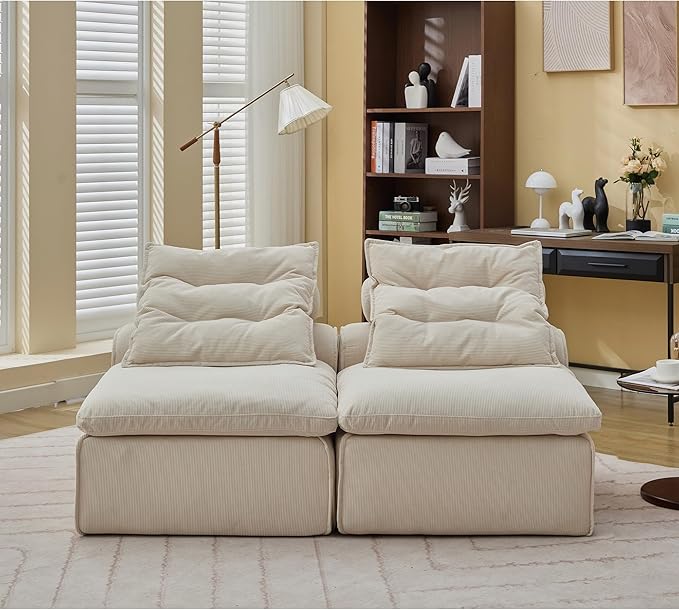 2 Seats Modular Sectional Couches with Neck Pillow &amp Backrest Corduroy Armless Upholstered Loveseat Sofa Chair for Living Room Apartment At Will DIY (Beige)