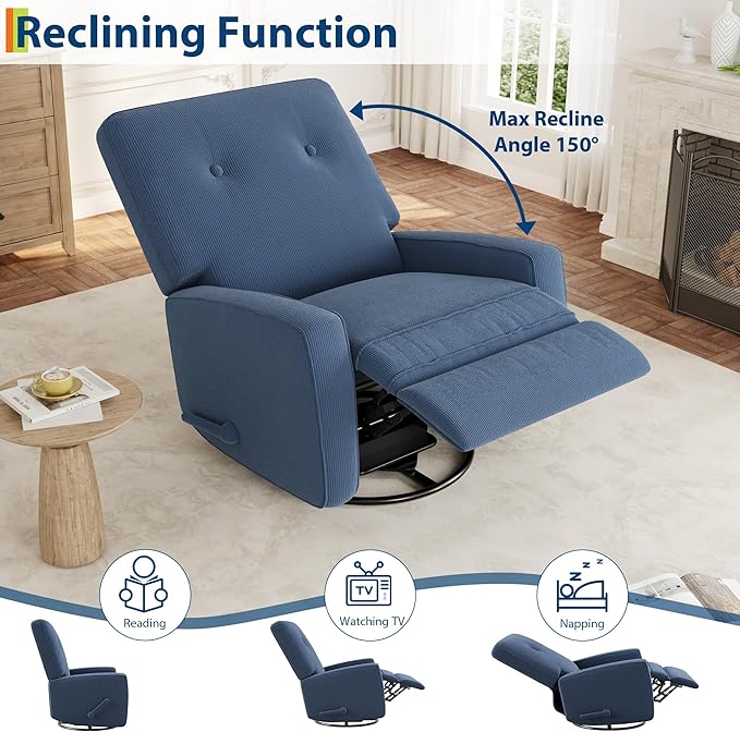 Recliner Chair 360° Swivel Rocking Glider Chair for Adults with Adjustable Backrest &amp Footrest Cozy Corduroy Upholstered Armchair for Living Rooms Bedrooms Blue