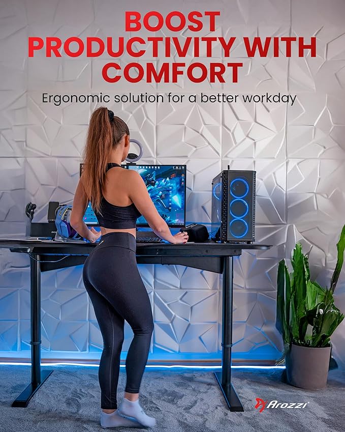 Arozzi Arena Moto Gamer Desk - 63x32” Electric Standing PC Gaming Desk with Storage for Cables - Dual Motor Steel Frame &amp Full-Surface Washable Mousepad - Pure Black