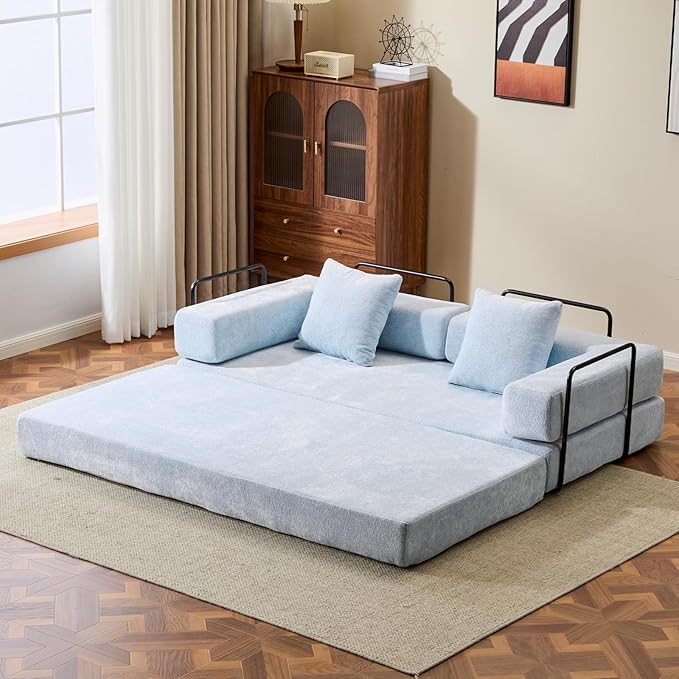 Convertible Sleeper Sofa Bed Compression Folding Sofa with Pillow No Assembly Required Shape Frame Floor Sofas Lounge Couch for Living Room Bedroom Small Spaces(Chenille 77''W Light Blue)