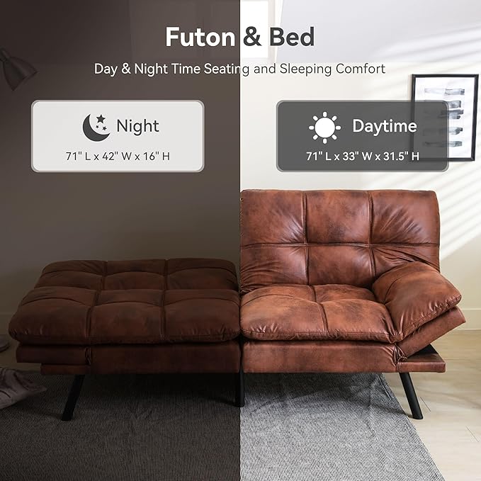 Convertible Futon Sofa Bed71 Modern Premium Faux Leather Futon Couch with Adjustable Backrest&ampArmrestSmall Loveseat Sleeper SofaDorm Futonsofa for ApartmentLiving RoomWhisky Brown
