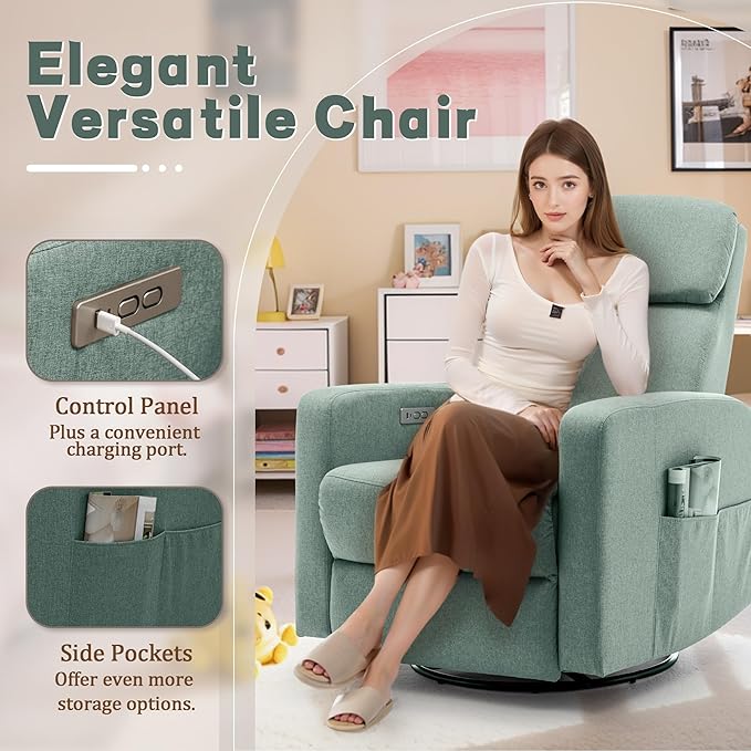 Power Swivel Recliner Chairs for Adults Electric Glider Rocking Chair Nursery Glider Recliner Nursery Chair with Classified Side Pocket Nursery Rocking Chairs with USB and Type-C Ports