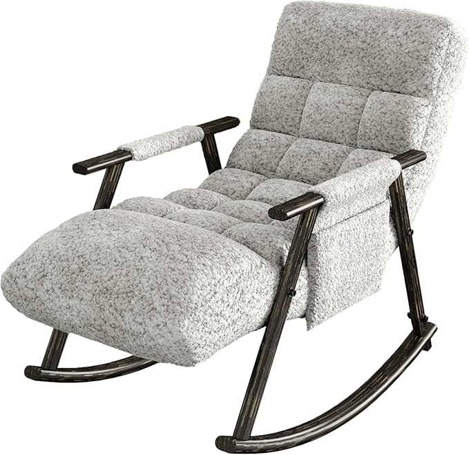 Adjustable Rocking Chair Foldable Lounge Chair with Footrest Teddy Fabric Upholstered Rocking Chair 5 Recline Positions for Living Room Bedroom