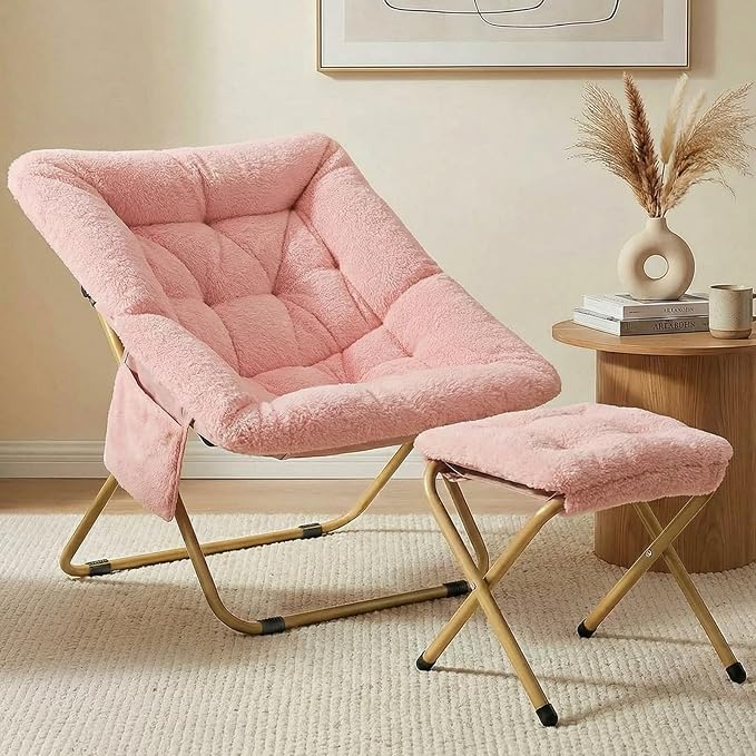 Folding Saucer Chair Comfy Reading Chair with Ottoman Plush Faux Fur Lounge Chair for Small Space Bedroom Dorm Living Room X-Large Lazy Chair for Adults Teens Kids