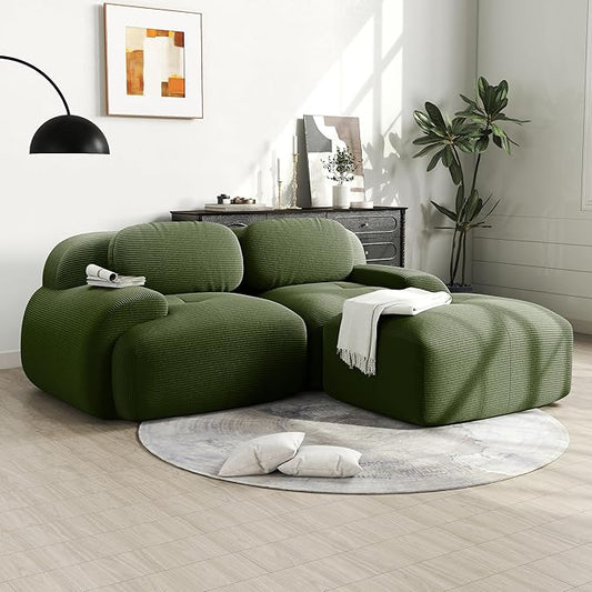 81.8 L-Shaped Cloud Couch Modular Sectional Sofa - Boneless Deep Seat 2-Seater with Movable Ottoman No Assembly Corduroy Upholstery Couches for Living Room (Green)