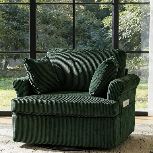 Karl home 39 Swivel Accent ChairOversized Seat Armchair W/2 Pillows and 4 PocketsModern Upholstered Corduroy Barrel ChairsComfy Single Sofa for Living RoomReadingBedroom and Office-Dark Green