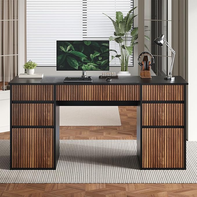 4 EVER WINNER Computer Desk with 7 Drawers 58 Executive Desk with Handleless Design for Home Office Modern Black Desk with File Cabinets Large Desktop for Study Living Room Bedroom Black