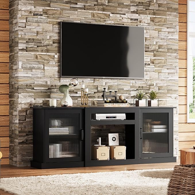 WLIVE Farmhouse TV Stand for 75 inch TV Entertainment Center with Storage Cabinets Mid Century Modern TV Console for Living Room Bedroom Black