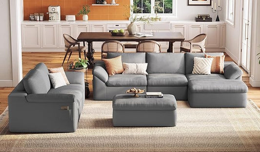 LINSY HOME Modern Boneless Cloud Couch Set with Movable Ottomans Deep Seat Corduroy Secional Sofa Couch Sets for Living Room Apartment Office No Assembly Required Grey
