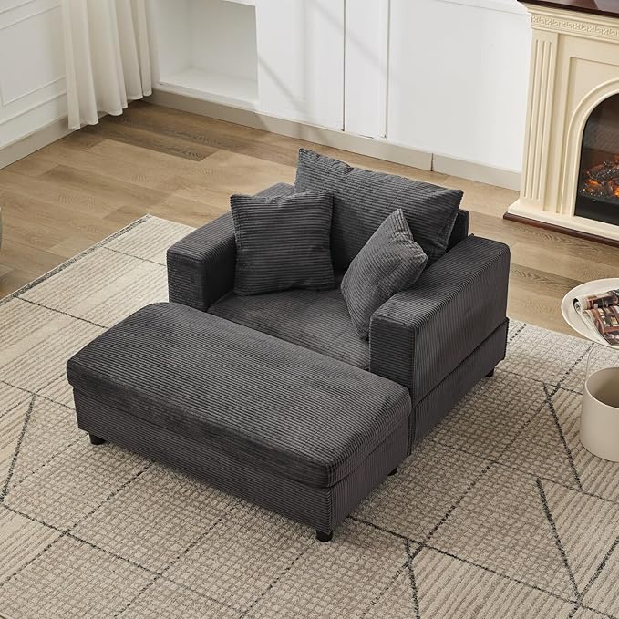 Chaise Lounge Chair with Removable Ottoman Modern Corduroy Accent Sleeper Sofa Bed with Pillows Deep Seat Upholstered Armchair for Living Room Bedroom (Dark Gray)