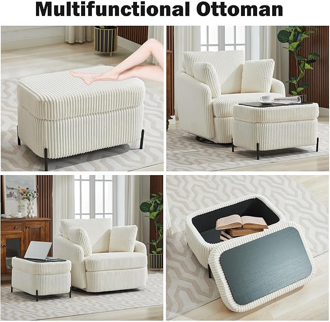 Chifee &amp Vingol 40.6 Oversized Swivel Accent Chair with OttomanCorduroyIvory