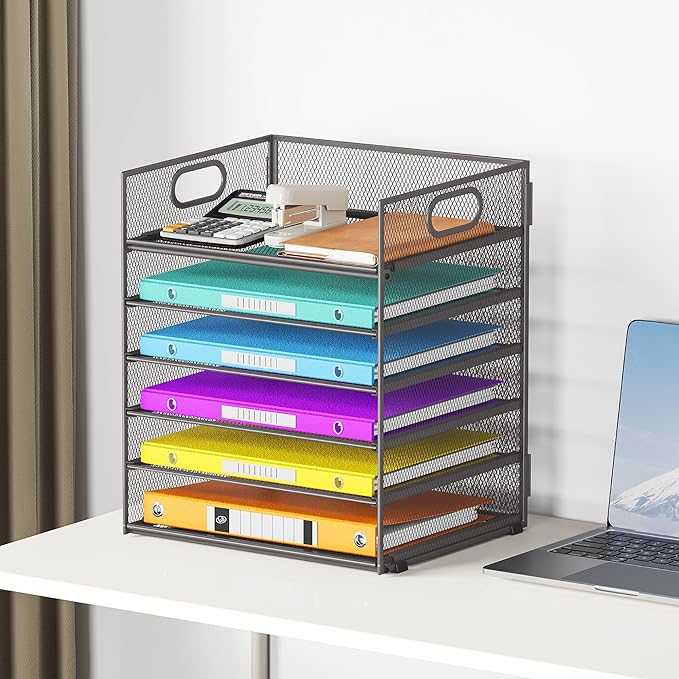 6 Tiers Letter Tray Paper Organizer With Handle Mesh Desk File Organizer Metal Desktop Document Shelf Paper Sorter for Office Home or School File Folder Holder - Grey