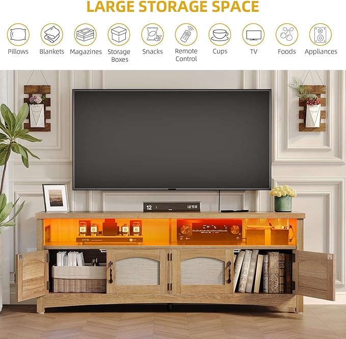 DWVO Farmhouse TV Stand for 65 inch TVs LED Entertainment Center with Storage TV Console with Power Outlets Wooden Bar Coffee TV Table with Shelves for Living Room (Oak)
