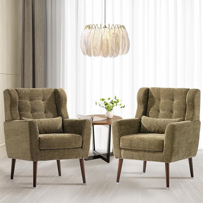 Mid Century Modern Accent Chair Plush Chenille Fabric Sturdy Wood Legs Armchair for Living Room Bedroom Office Olive Green