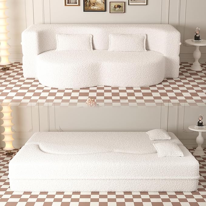 78 Convertible Floor Sofa Bed 2-in-1 Folding Loveseat Sleeper No-Assembly Cloud Couch for Living Room Small Spaces Guest Room White