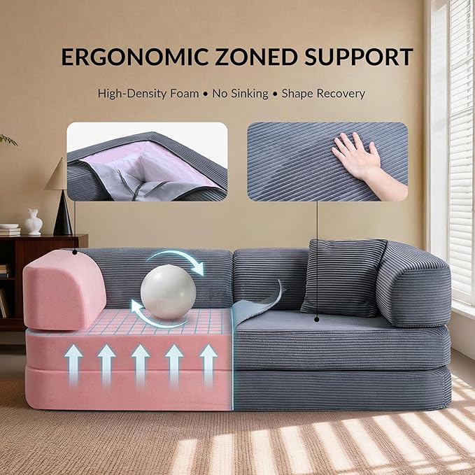 5-in-1 Convertible Sofa Bed Boneless Floor Couch Queen Size with Magic Pillow Blankets Zero-Assembly Sleeper Futon for Apartments Renters &amp Micro-Living Spaces Grey
