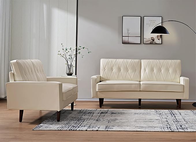 Modern Style Faux Leather Loveseat with Elegant Round Tapered Legs and Button Tufted Backrest Perfect for Living Room Bedroom or Home Office 57.5’’ Wide White